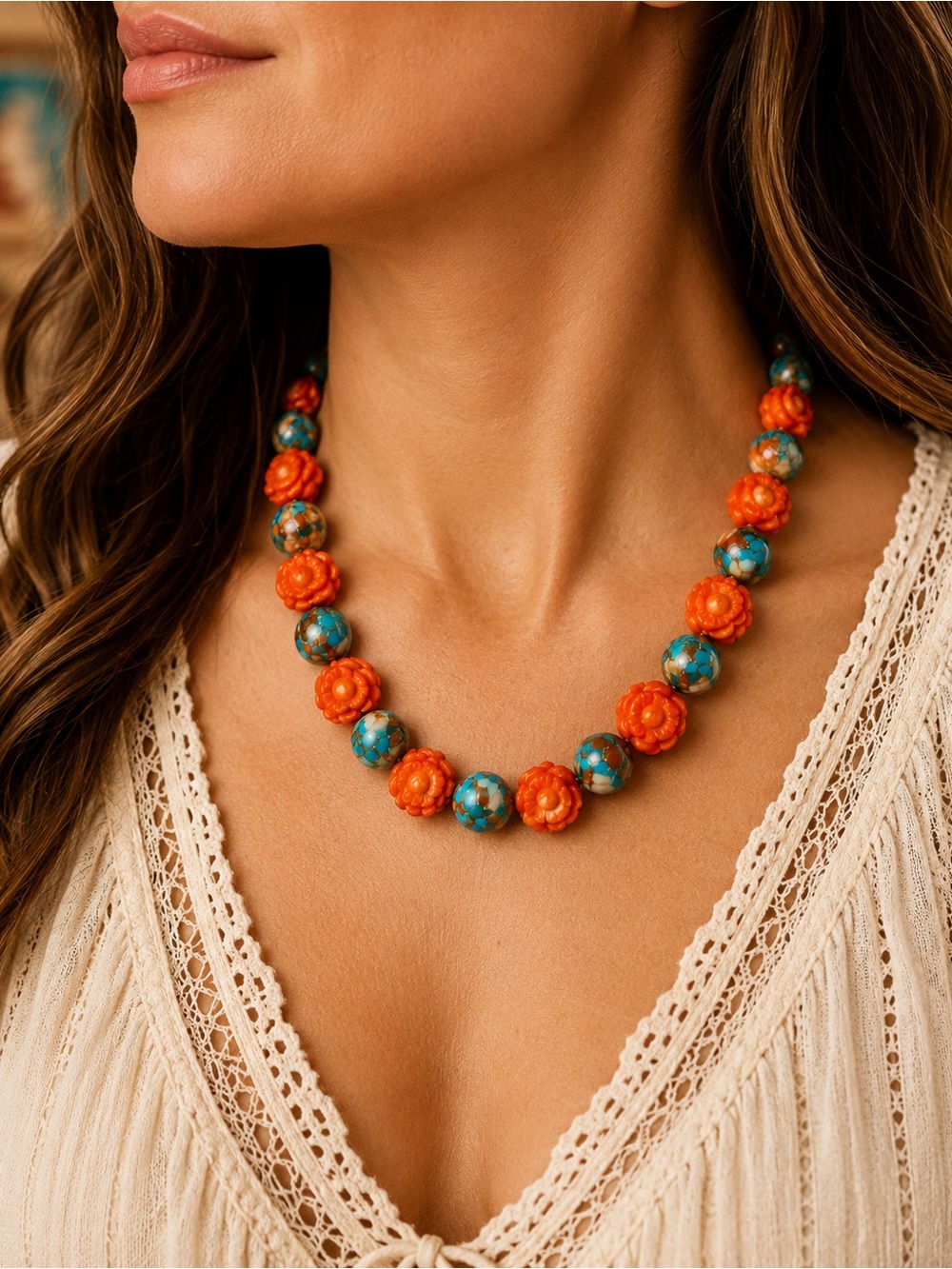 Artisan Spiny Oyster Mohave Copper Turquoise Coral Roses Sterling Necklace 18” - Picture 17 of 17